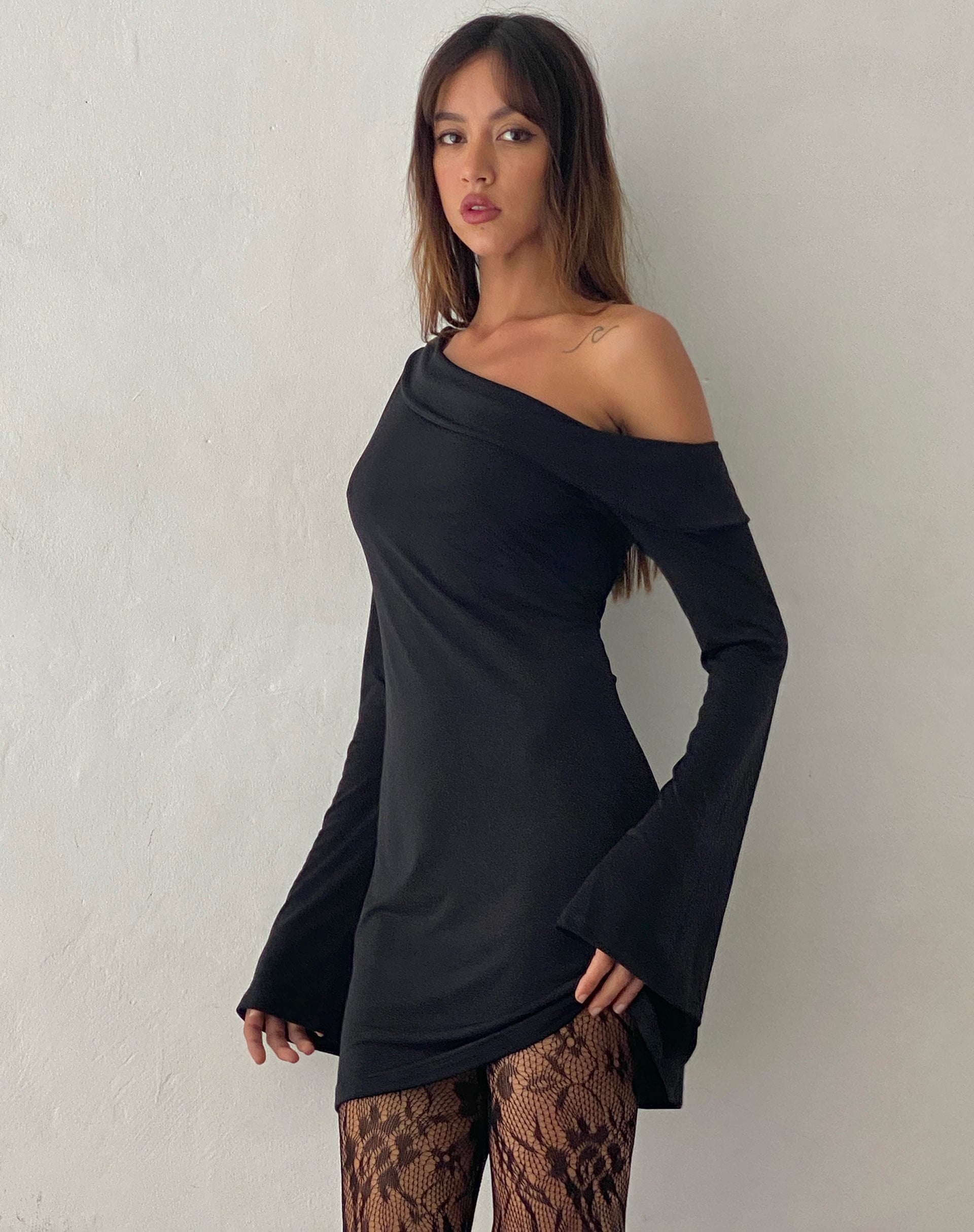 Image of Fliss Asymmetric Mini Dress in Slinky Black