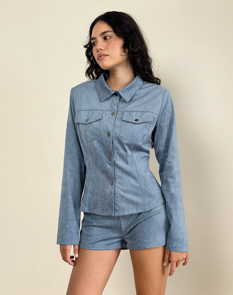 Image of Fyodora Jacket in Suede Dusty Blue