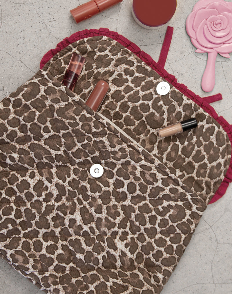 Image of Fold Over Makeup Bag in Leopard with Red Frill Bow