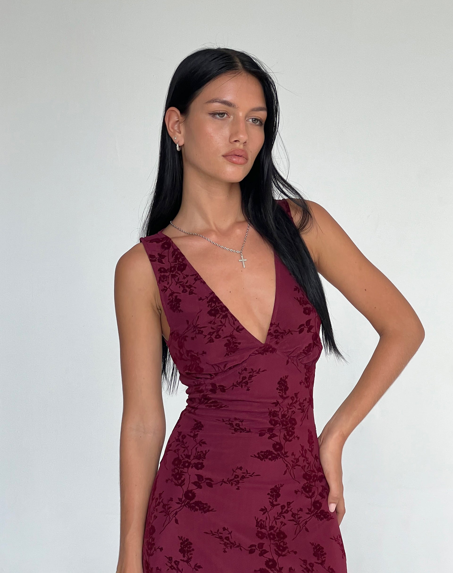 motel burgundy dress Sevila Long Sleeve Mini Dress in Flocked Botanical Flower Maroon , Bodycon