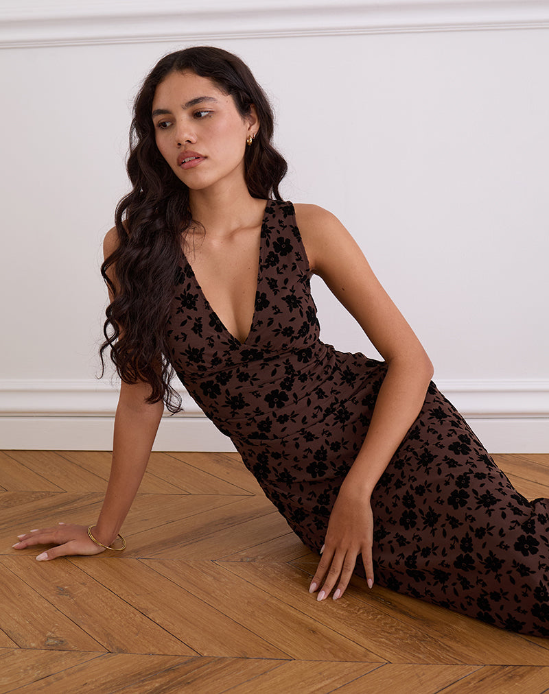 Gabriela Midi Dress in Garden Floral Brown