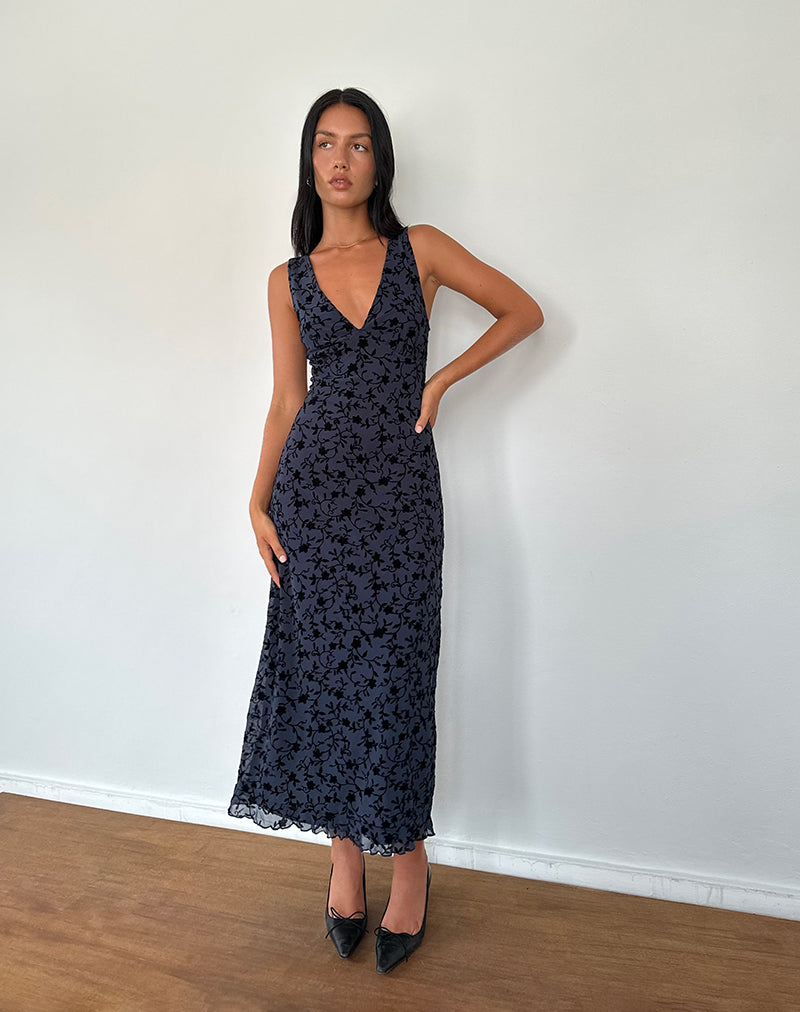 Navy Flocked Petal Midi Dress | Gabriela motelrocks.com Navy Flocked Petal Midi Dress | Gabriela motelrocks.com