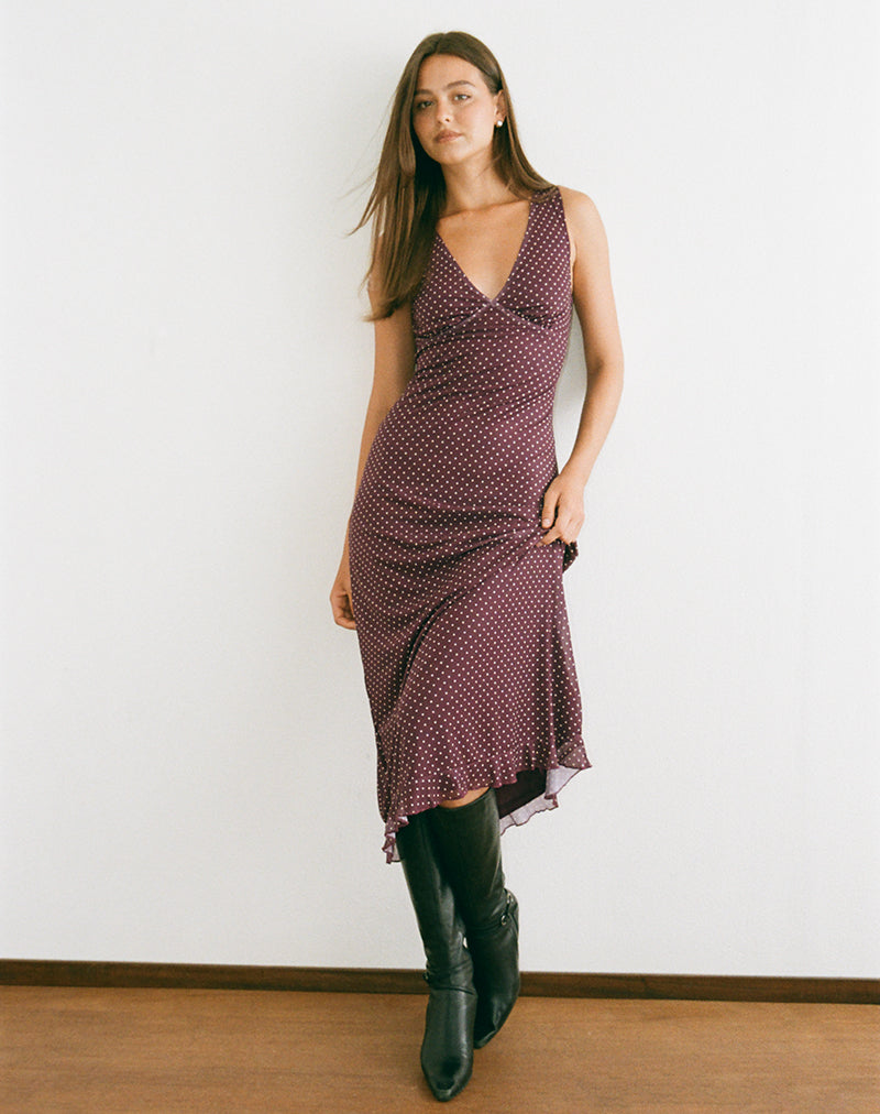 Gabriela Midi Dress in Brown with Micro Polka Print