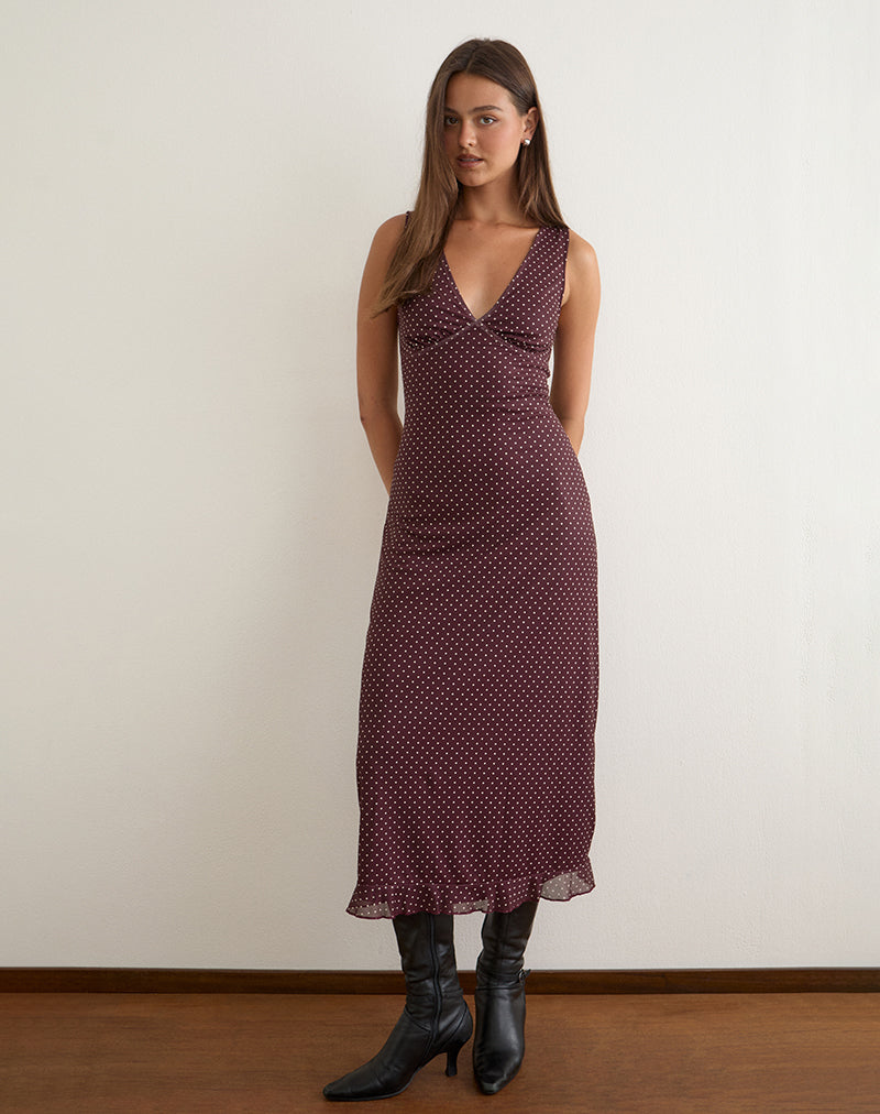 Gabriela Midi Dress in Brown with Micro Polka Print