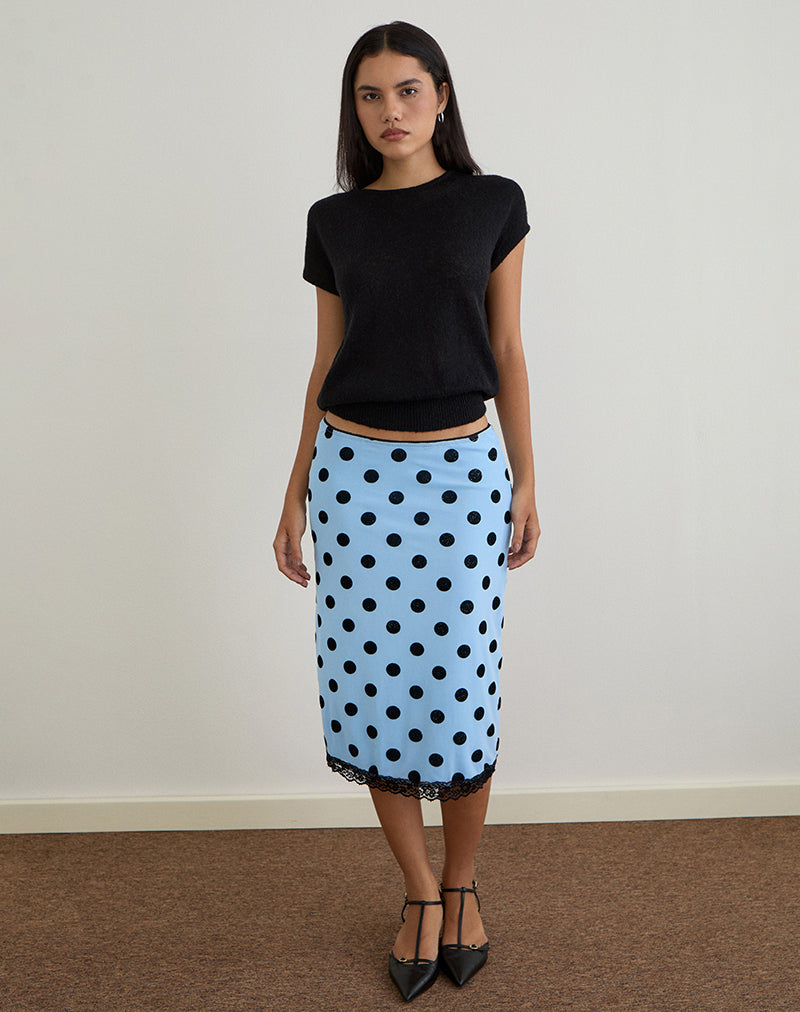 Image of Gamila Midi Skirt in Blue with Polka Space Black