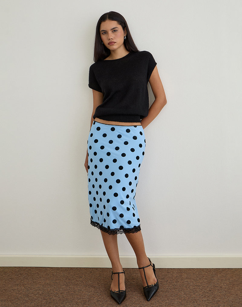 Image of Gamila Midi Skirt in Blue with Polka Space Black