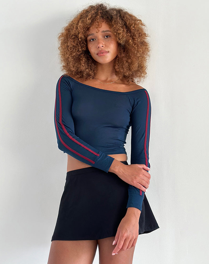 Gavya Bardot Long Sleeve Top in Navy with Adrenaline Red Stripe