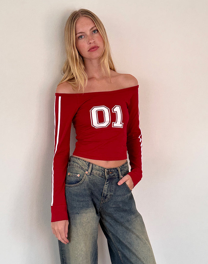 Image of Gavya Long Sleeve Bardot Top In Adrenaline Red with White Piping