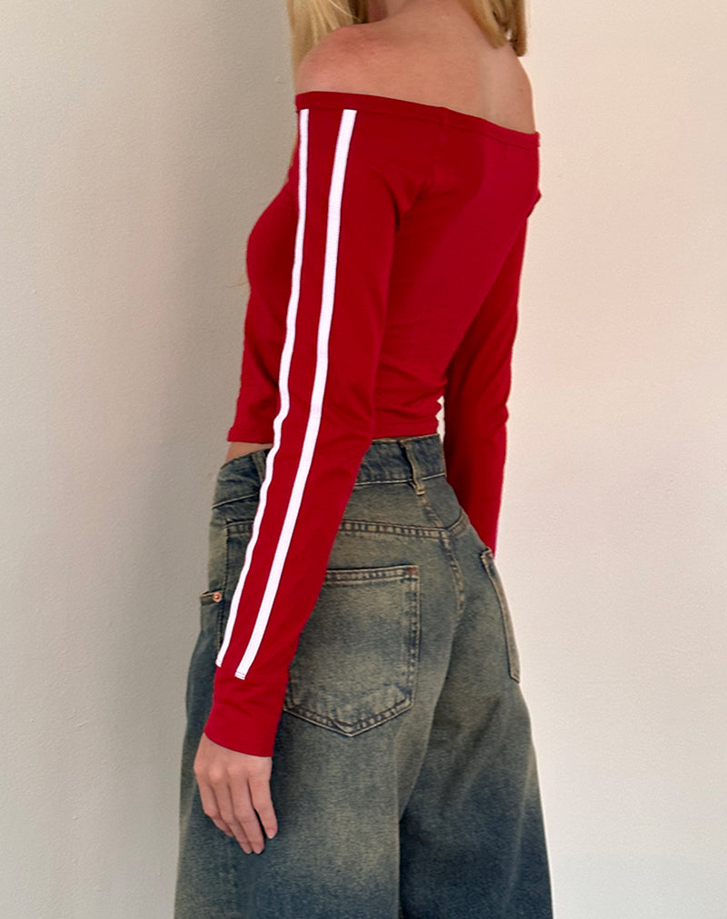 Image of Gavya Long Sleeve Bardot Top In Adrenaline Red with White Piping