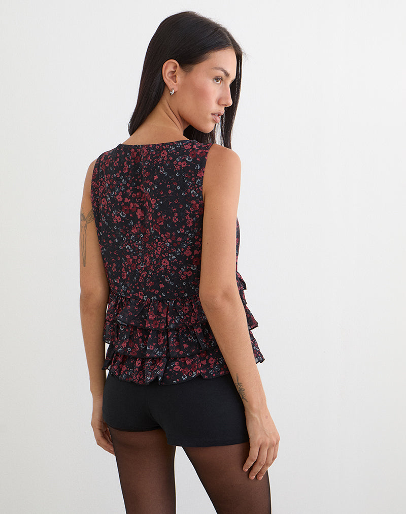 Image of Gendhis Vest Top in Chiffon Scattered Floral Black and Red