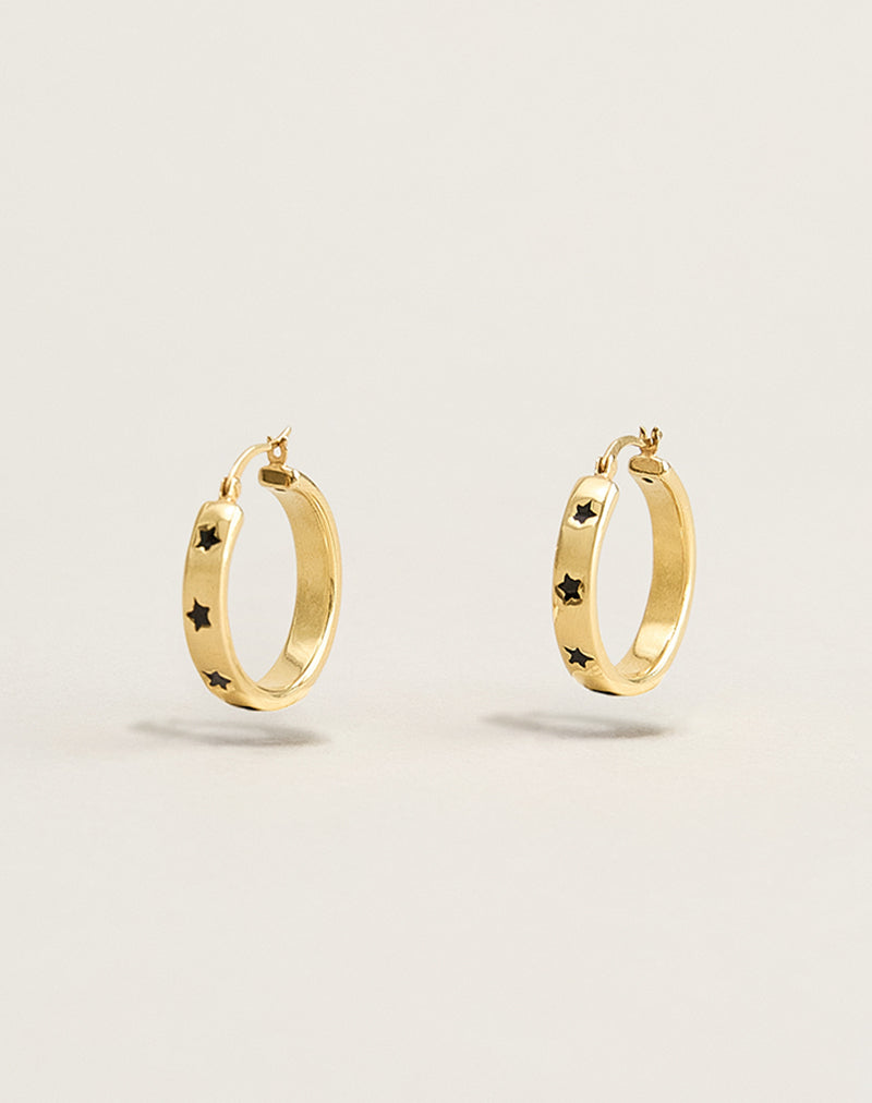 Image of Gold Plated Hoop Black Star Earrings