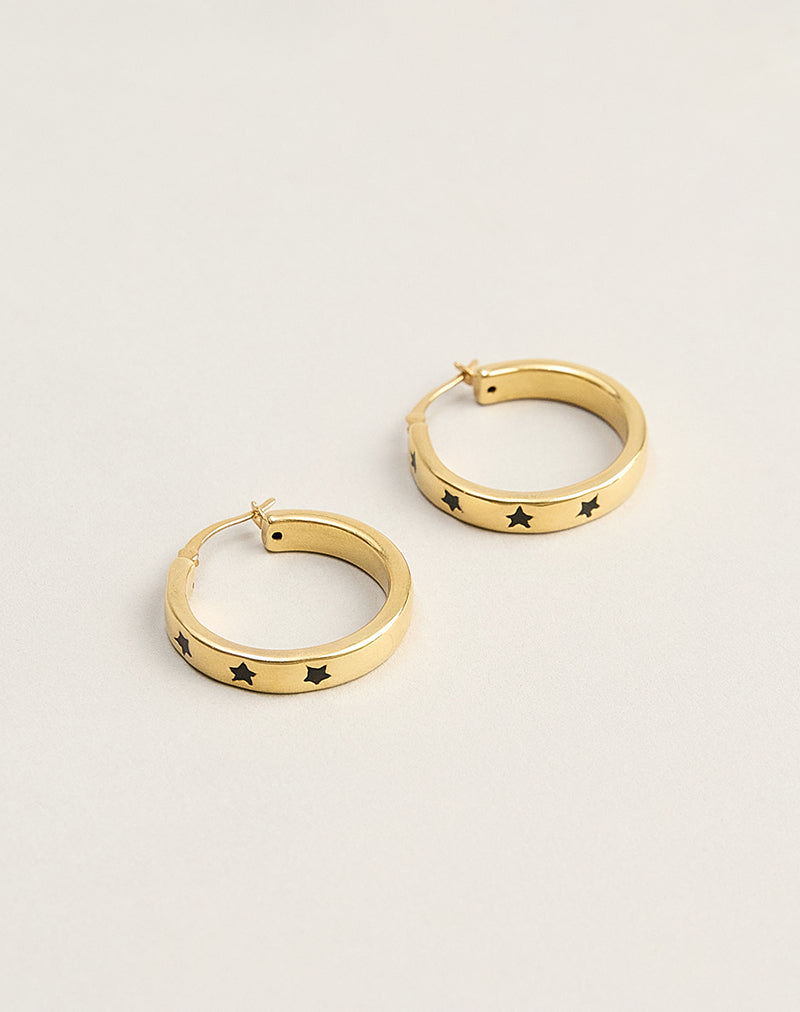 Gold Plated Hoop Black Star Earrings