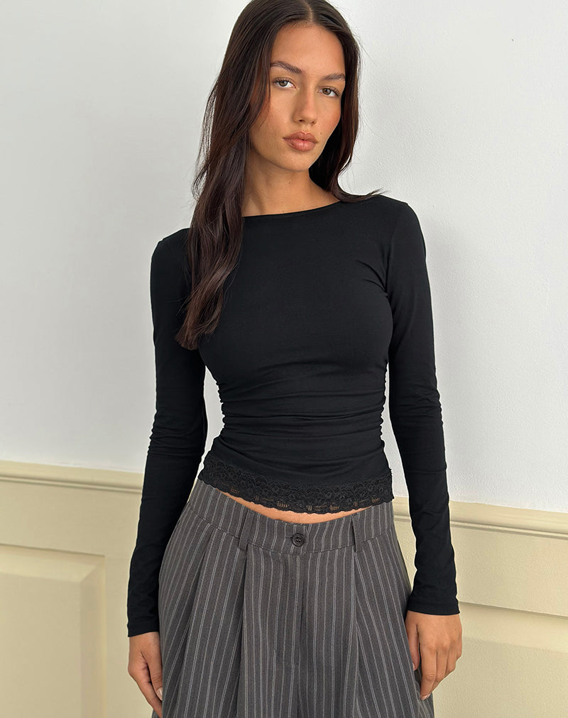 Image of Gomira Long Sleeve Top in Black with Lace Trim