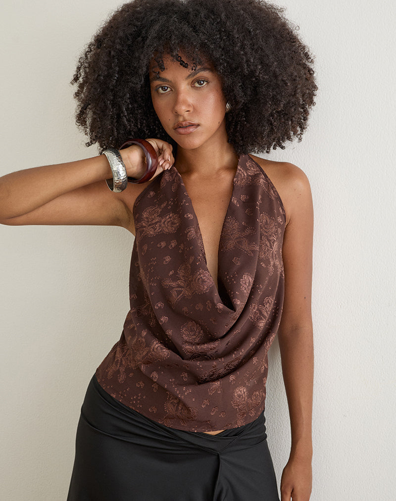 Greece Cowl Top in Floral Jacquard Chiffon Brown
