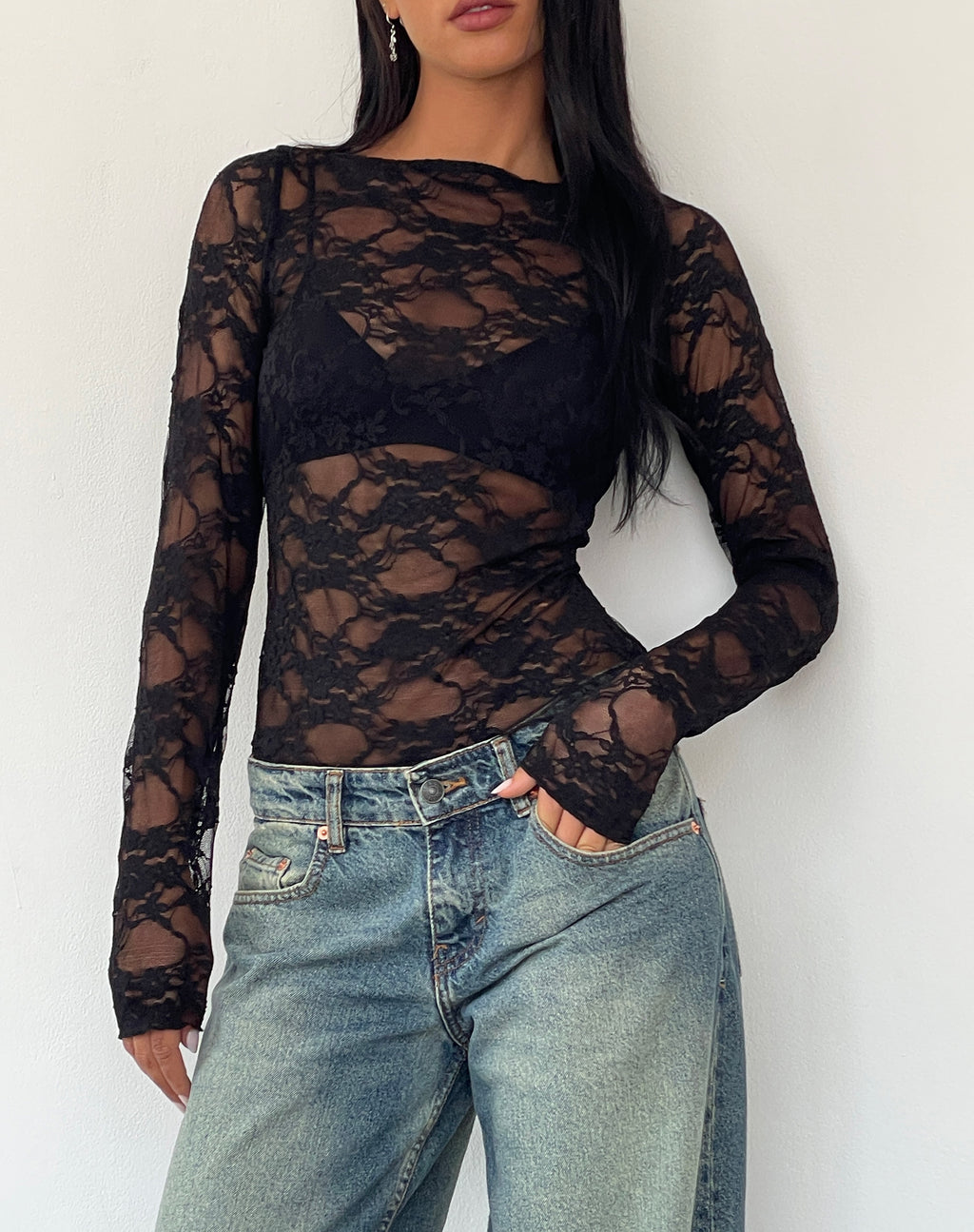 Grizelda Backless Long Sleeve Top in Black Abstract Lace