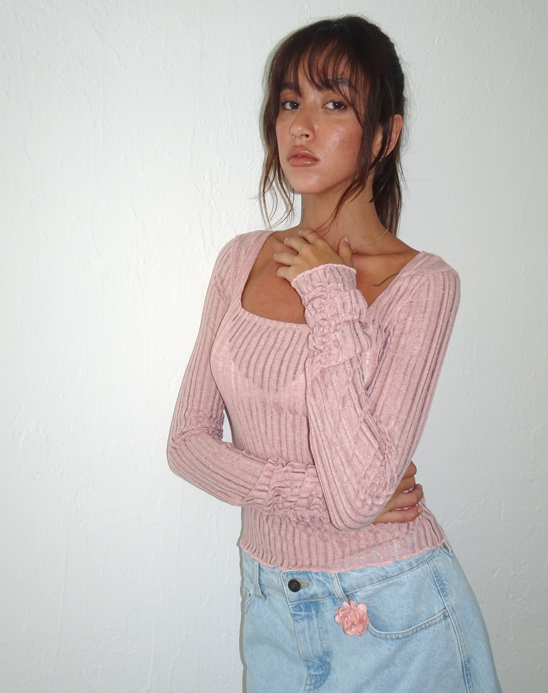 image of Halsey Knitted Extra Long Sleeve Top in Pink