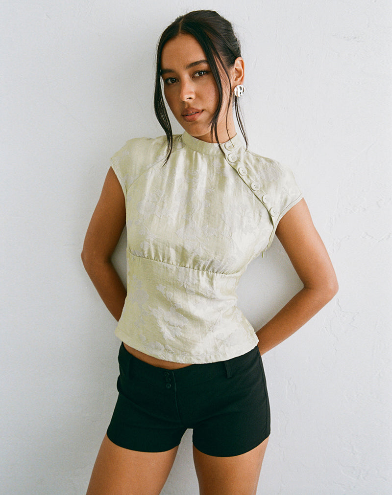 Image of Hanna Top with Asymmetric Buttons in Jacquard Sage Green