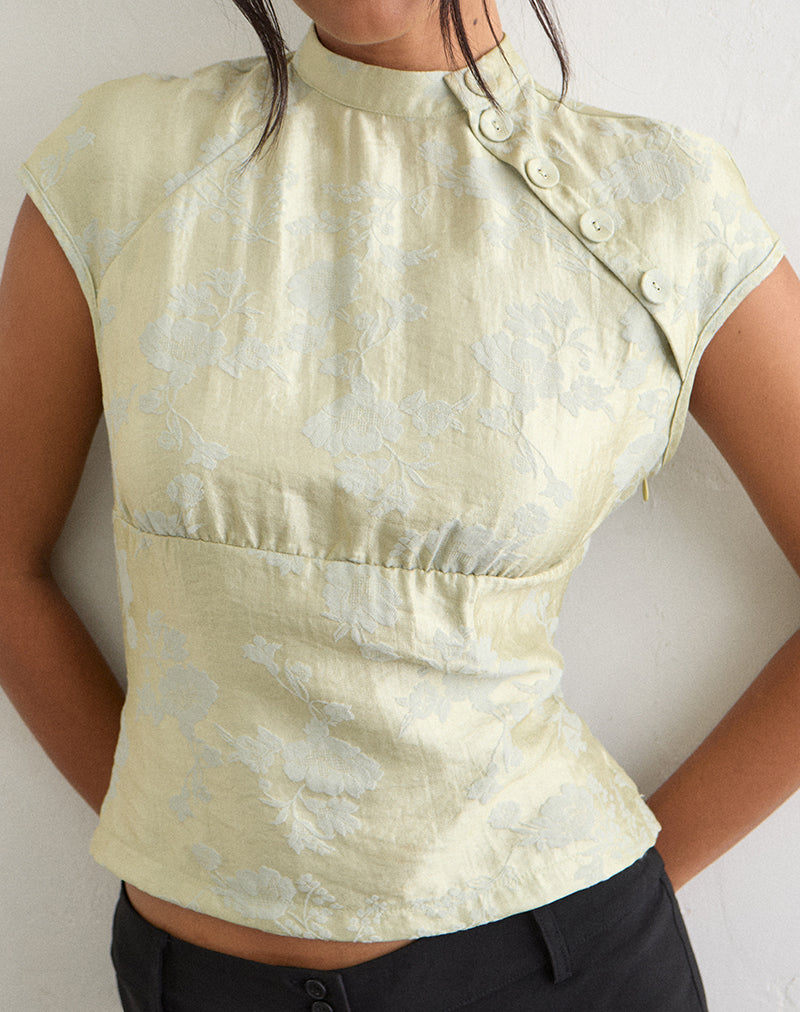Image of Hanna Top with Asymmetric Buttons in Jacquard Sage Green