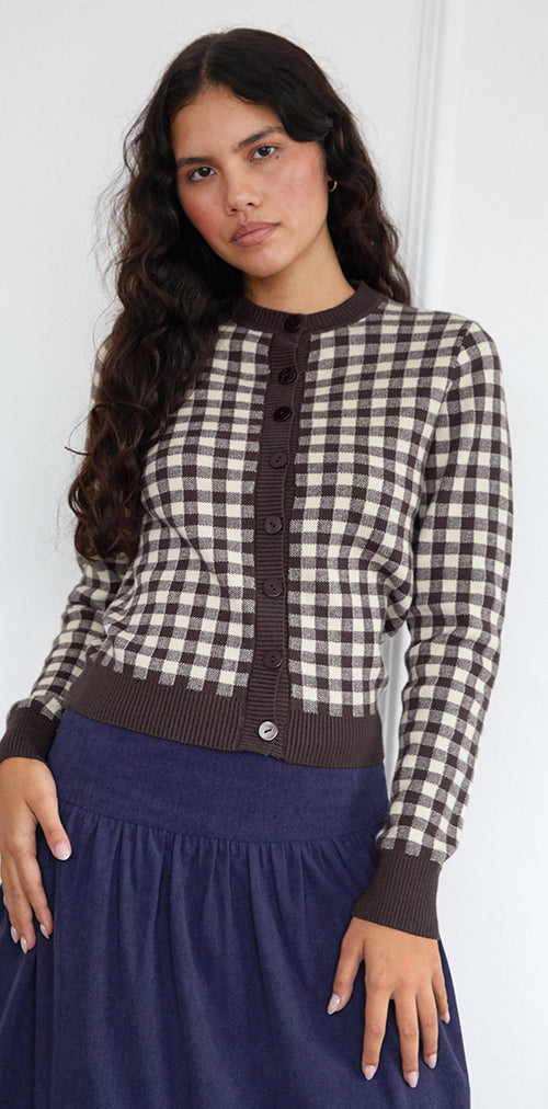 Image of Hanudia Cardi in Gingham Brown