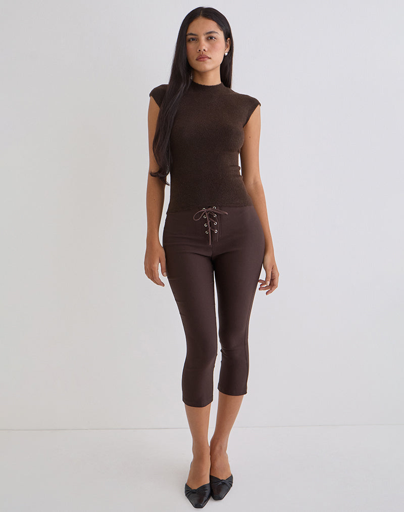 Dark Brown Tailored Lace Up Front Capri Trouser | Aelva