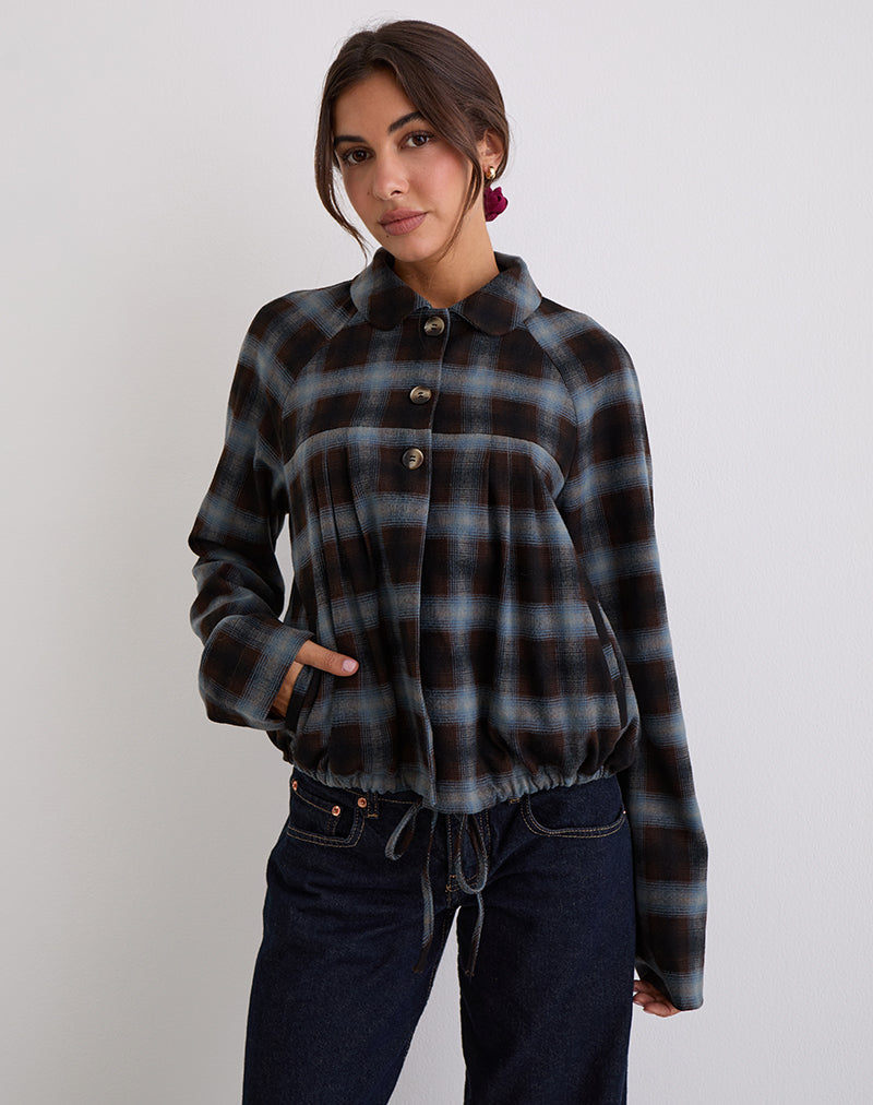 Image of Harana Collar Jacket in Blue and Brown Check