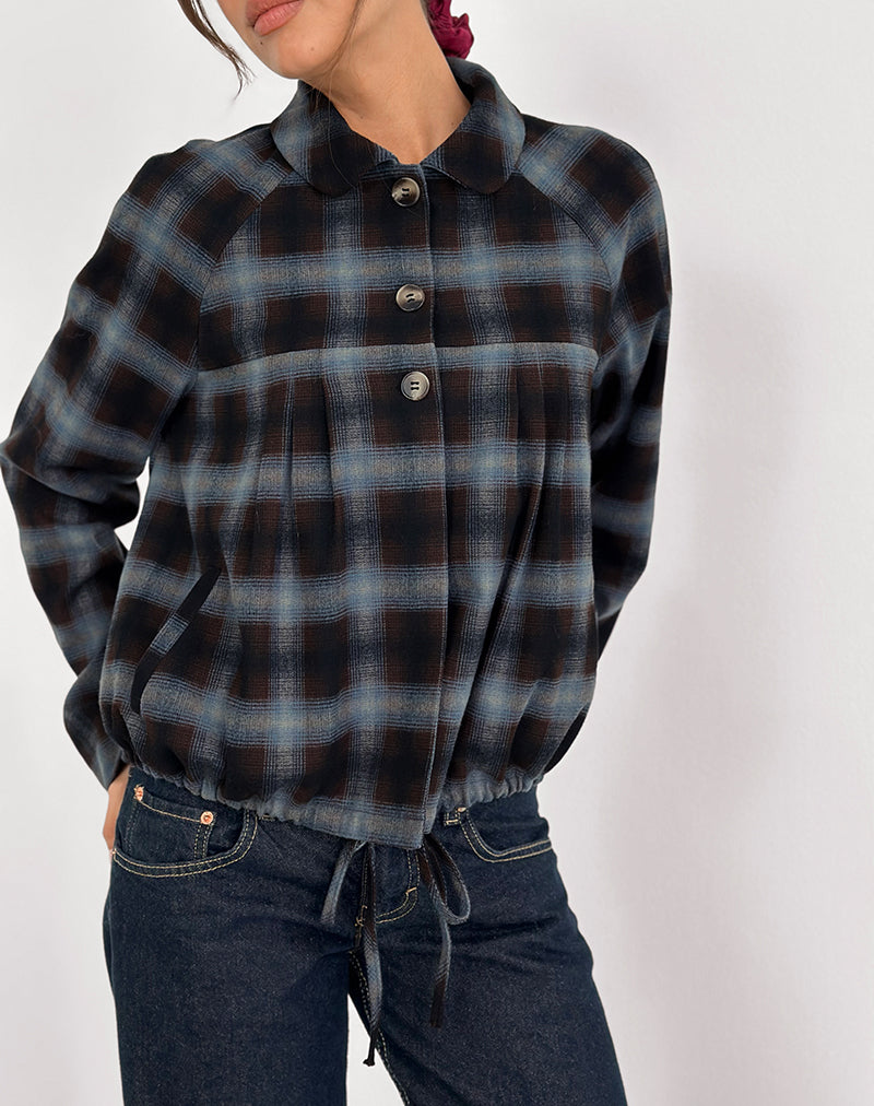 Image of Harana Collar Jacket in Blue and Brown Check