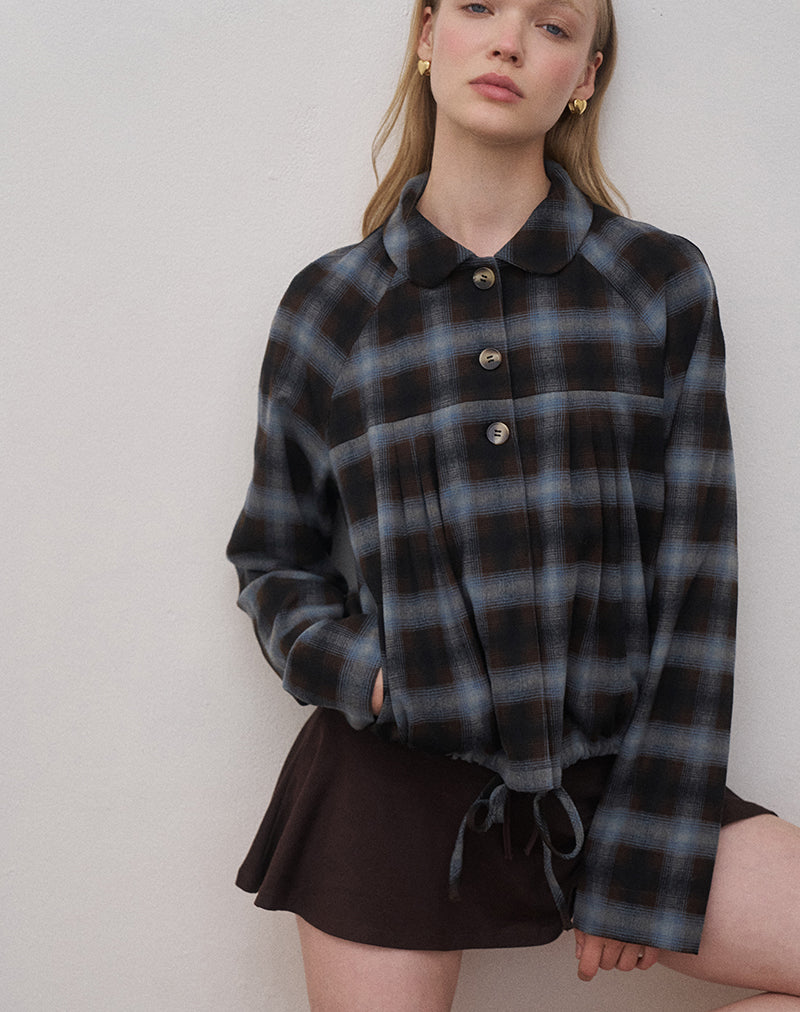 Image of Harana Collar Jacket in Blue and Brown Check
