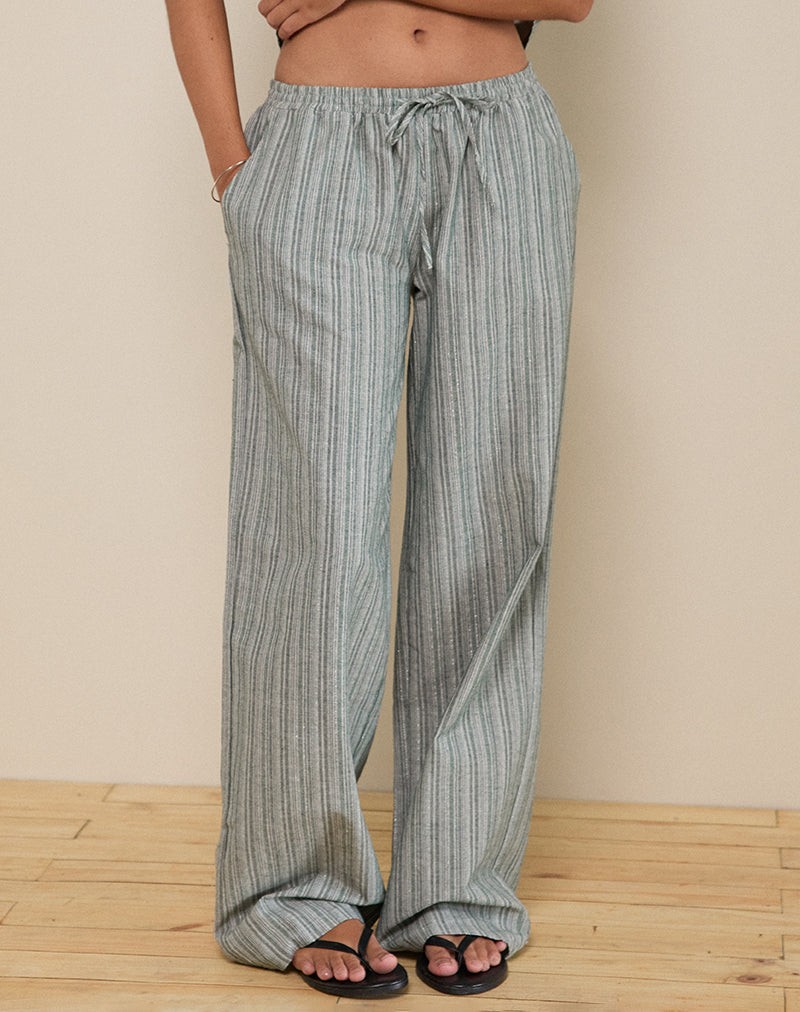 Image of Wasic Wide Leg Linen Trouser in Green and White Stripe
