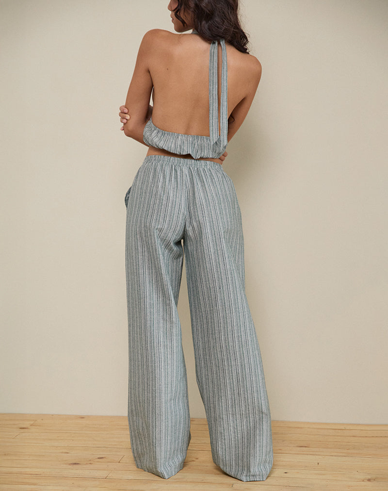 Image of Wasic Wide Leg Linen Trouser in Green and White Stripe