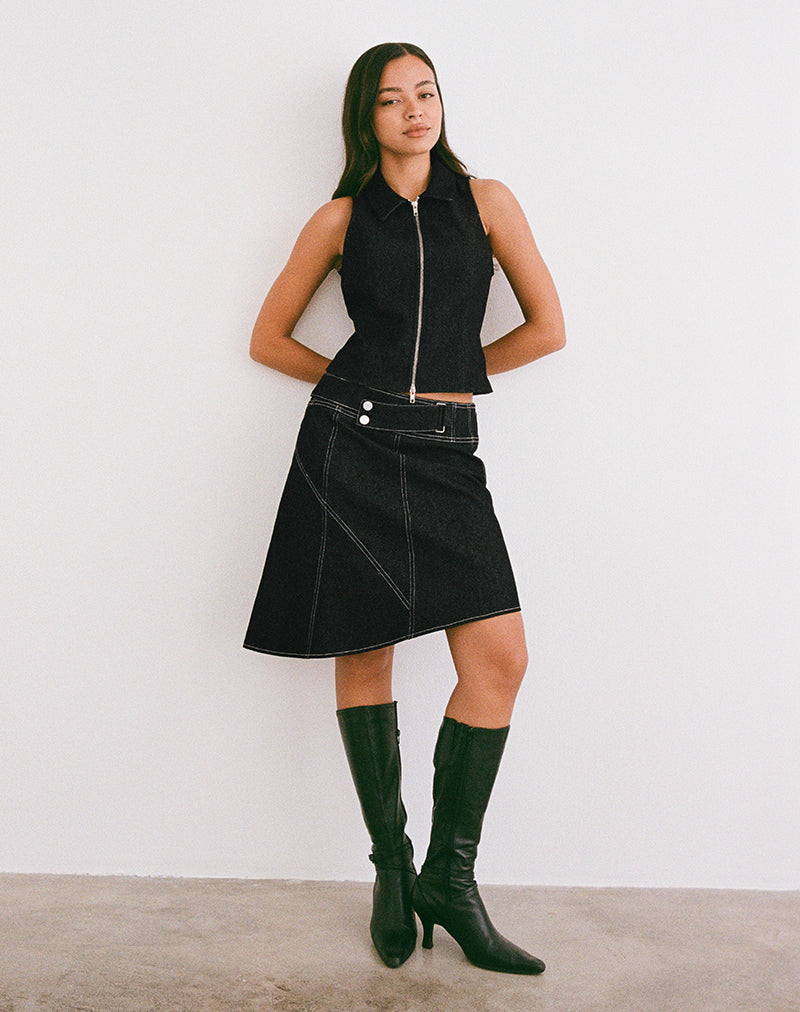 Image of Hayashi Asymmetrical Midi Skirt in Denim Black Wash