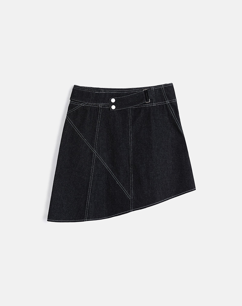 Image of Hayashi Asymmetrical Midi Skirt in Denim Black Wash