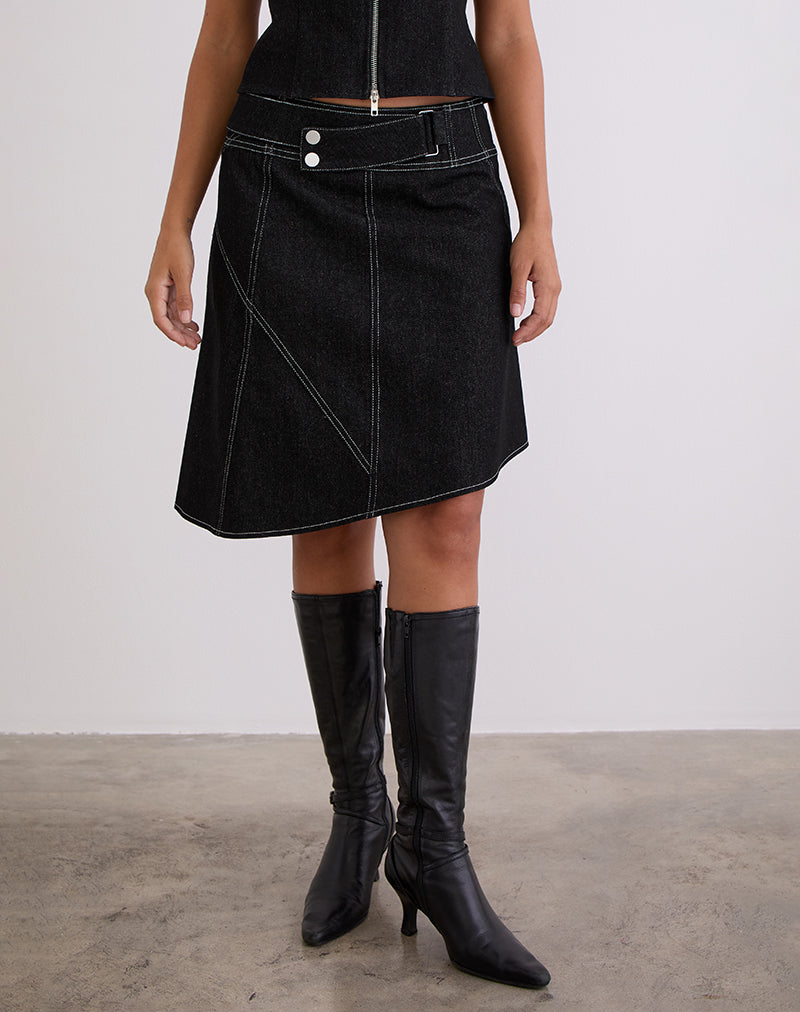 Image of Hayashi Asymmetrical Midi Skirt in Denim Black Wash