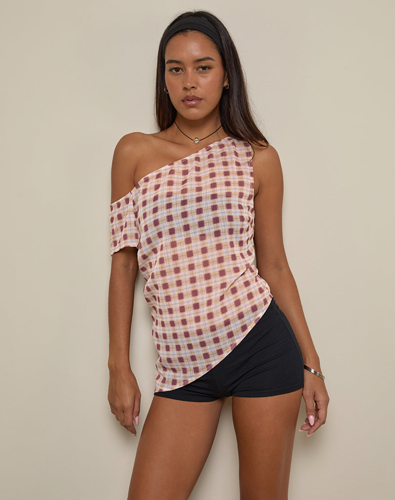 Peach Chiffon Blurred Check Print Top | Hea – motelrocks.com