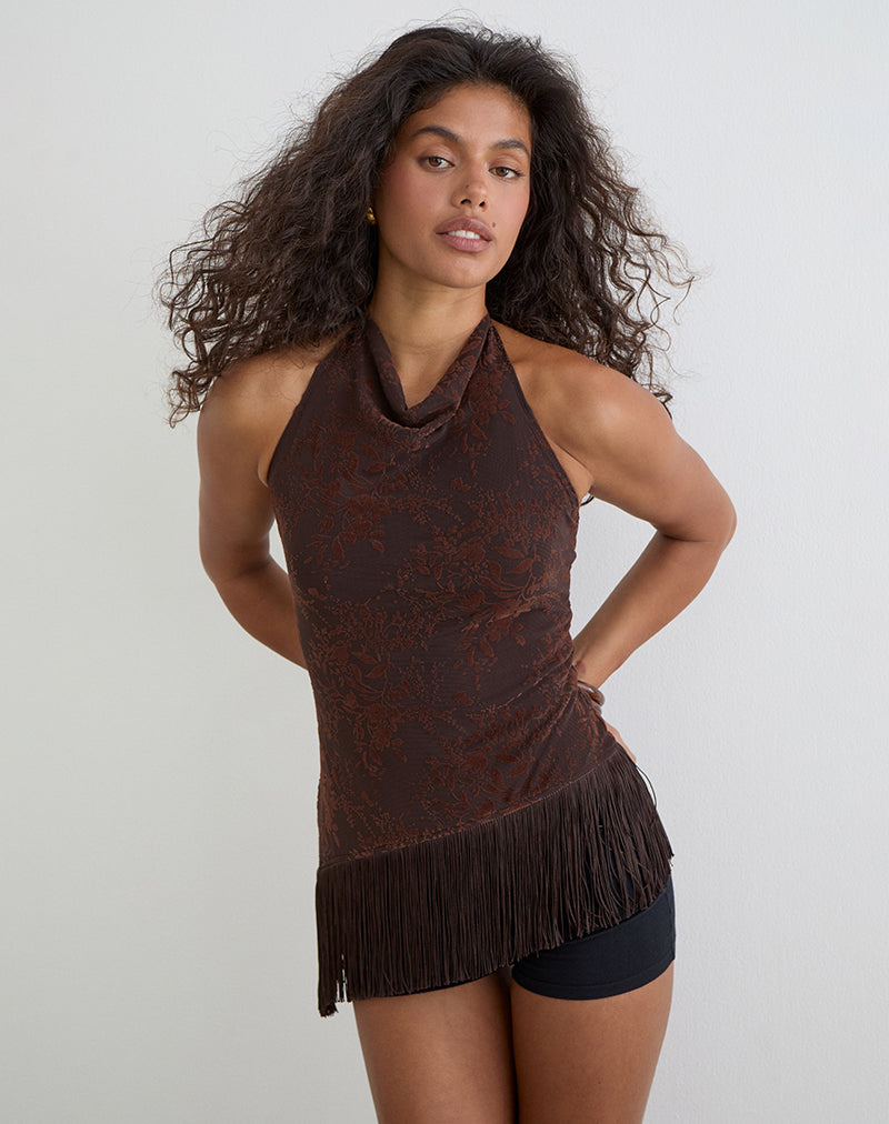 Hineco High Neck Top in Fine Leaf Flower Ganache