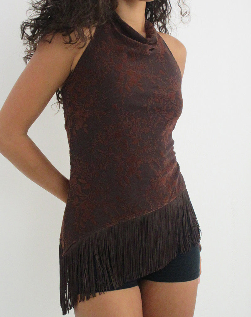 Hineco High Neck Top in Fine Leaf Flower Ganache