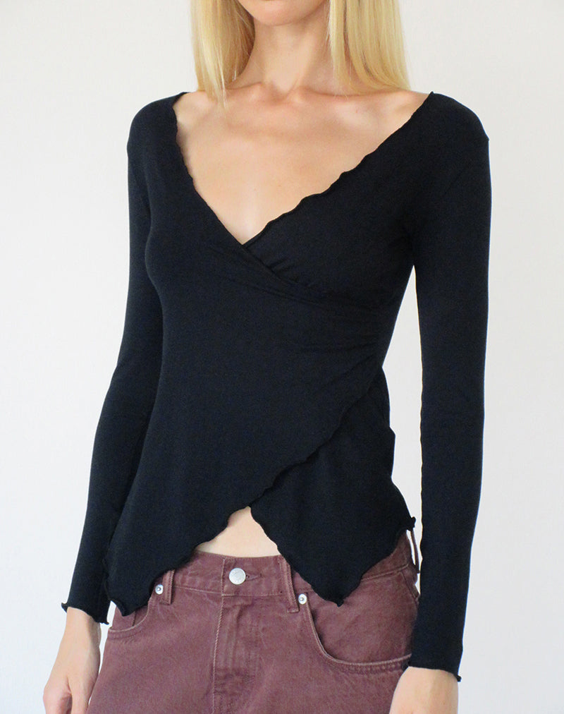 Image of Holis Long Sleeve Wrap Top in Jersey Black