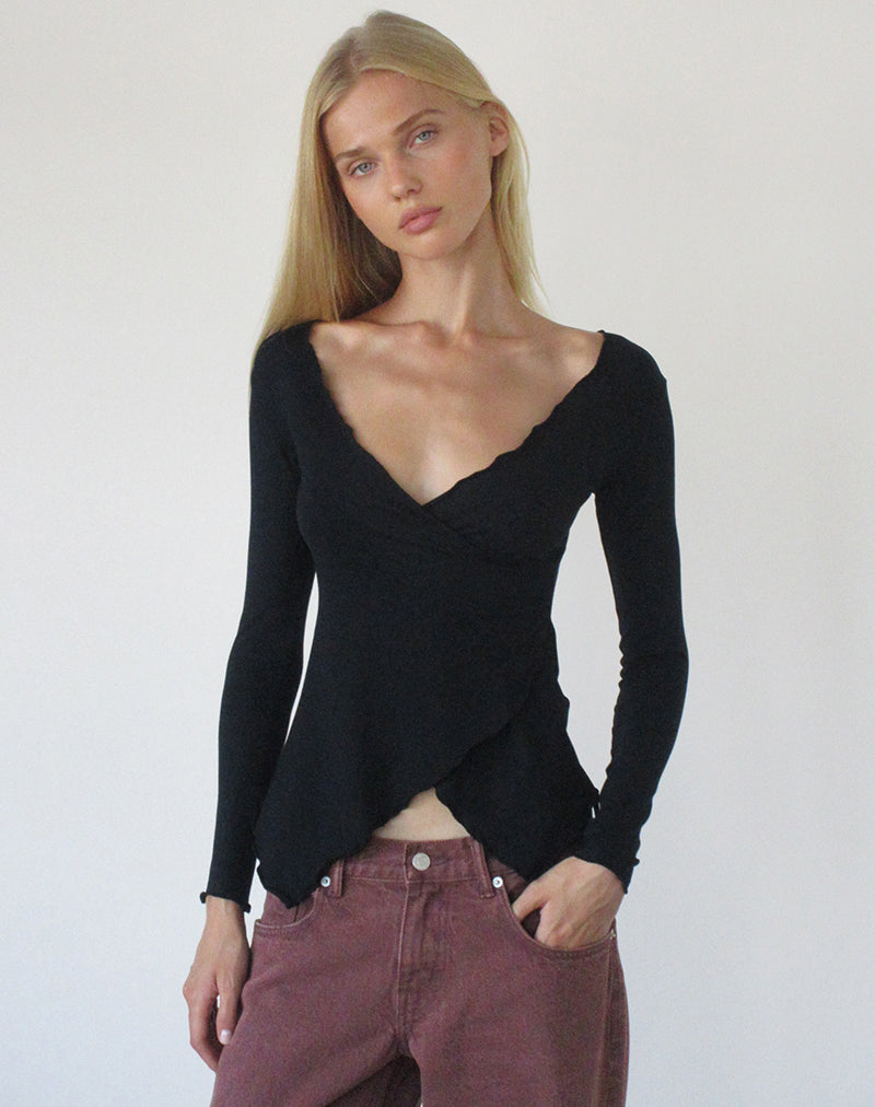 Image of Holis Long Sleeve Wrap Top in Jersey Black