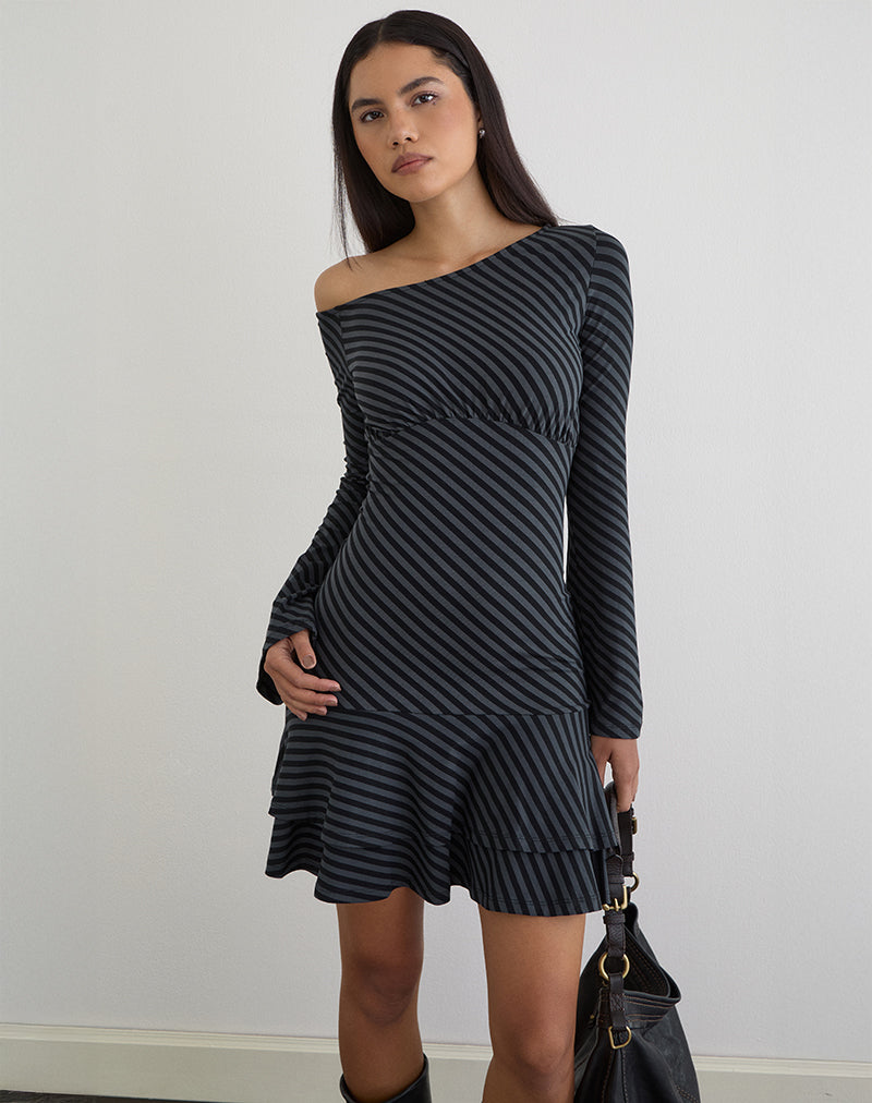 Image of Hongsai Mini Dress in Oblique Stripe Ocean Storm