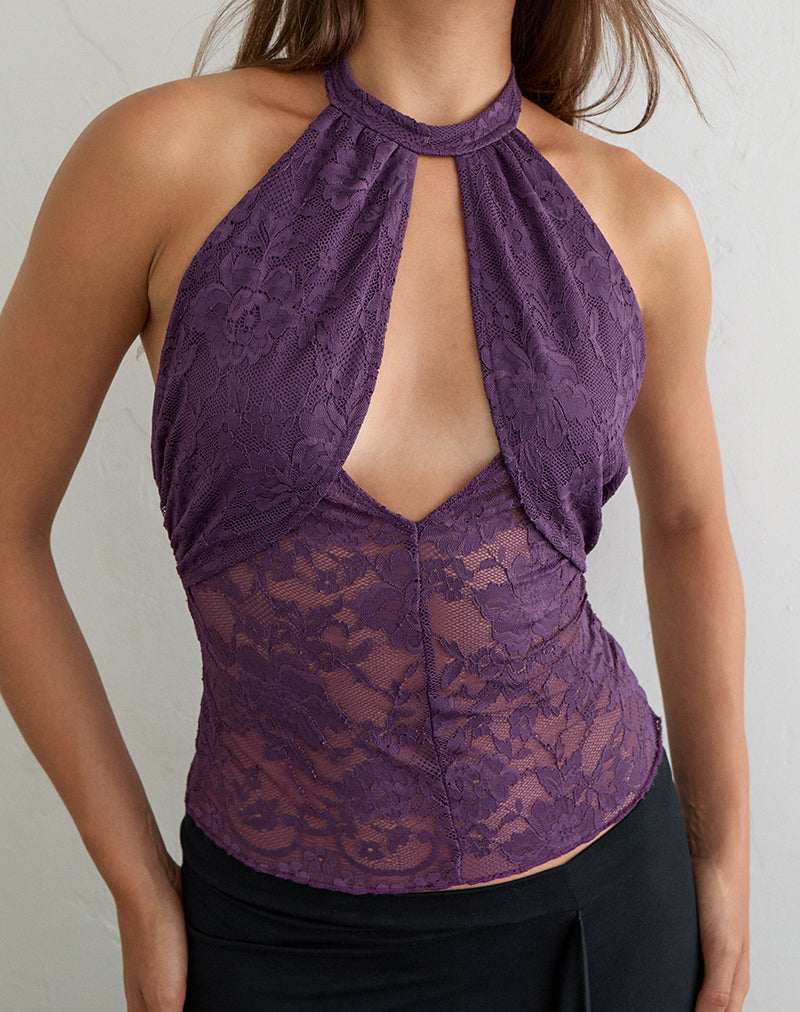 Image of Hyewon Halterneck Top with Cut Out in Lace Purple