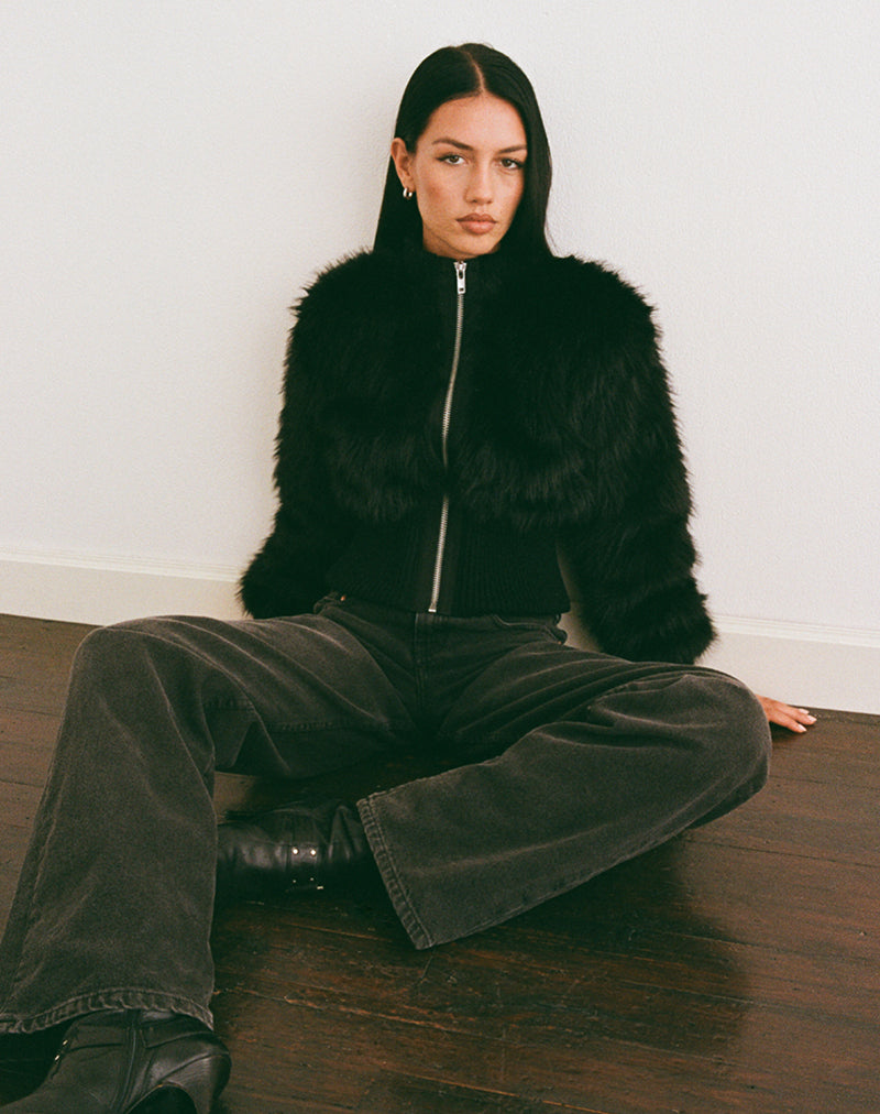 Black Shaggy Faux Fur Jacket Homari –1