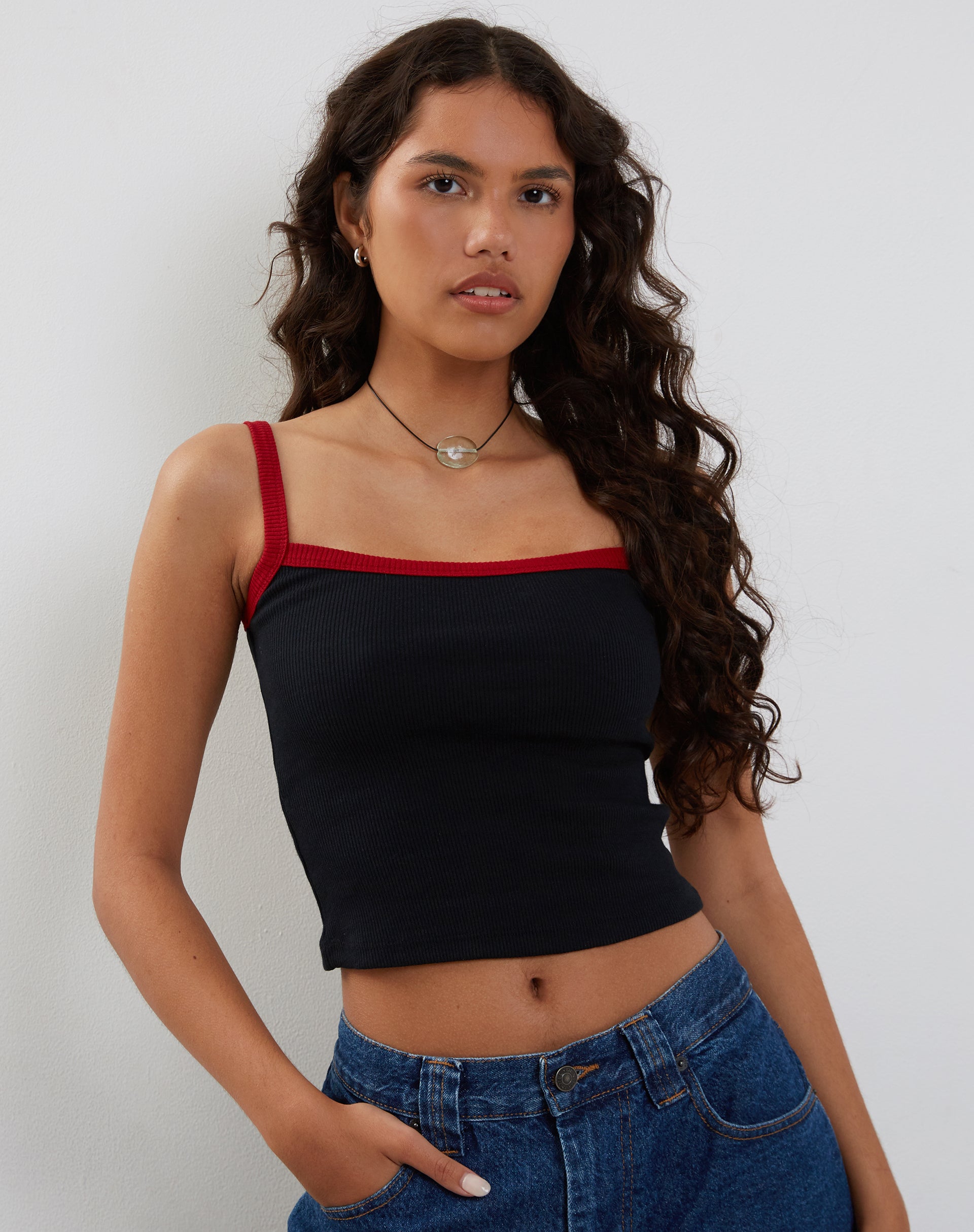 Image of Icah Ribbed Vest Top in Black with Red Binding