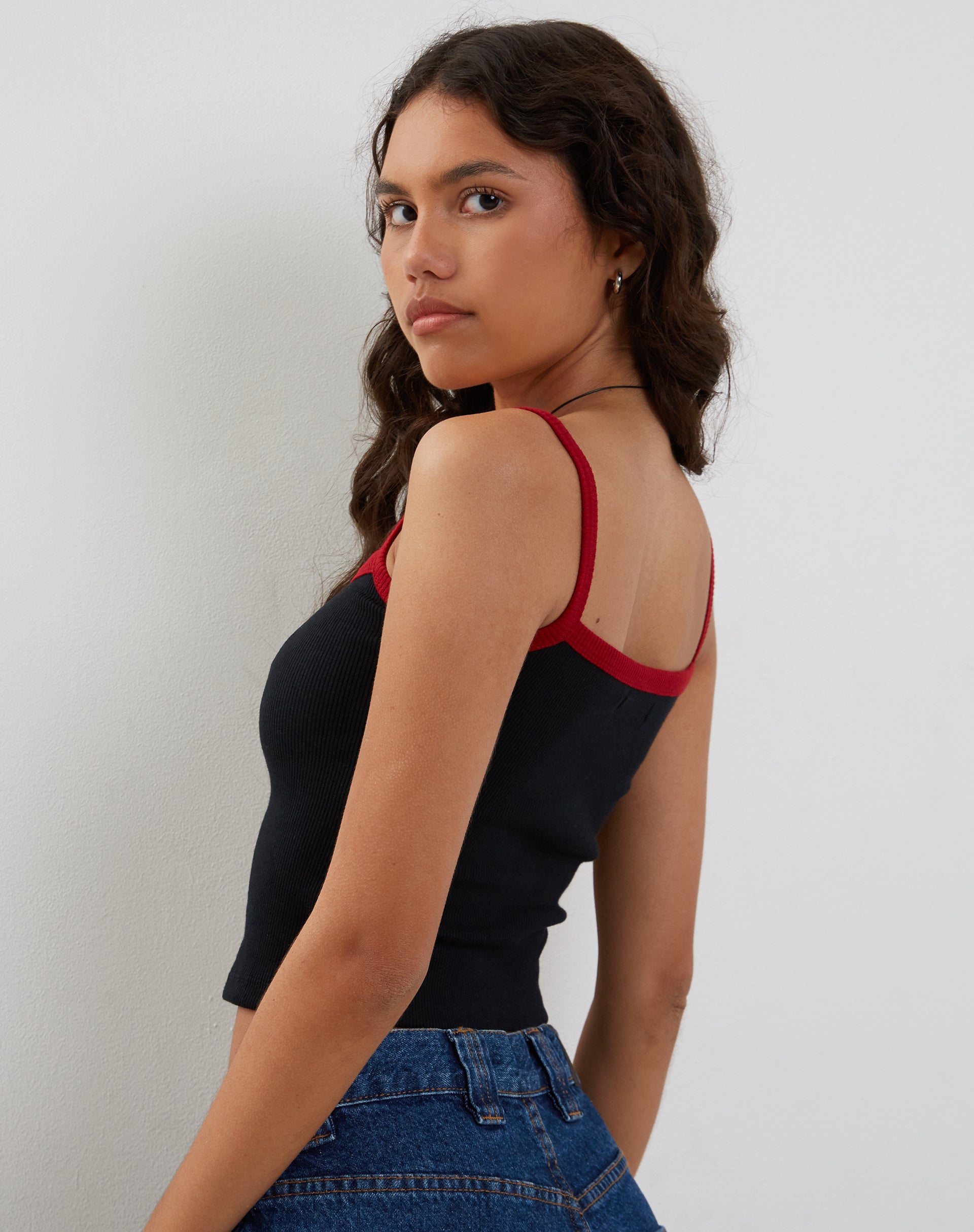 Image of Icah Ribbed Vest Top in Black with Red Binding