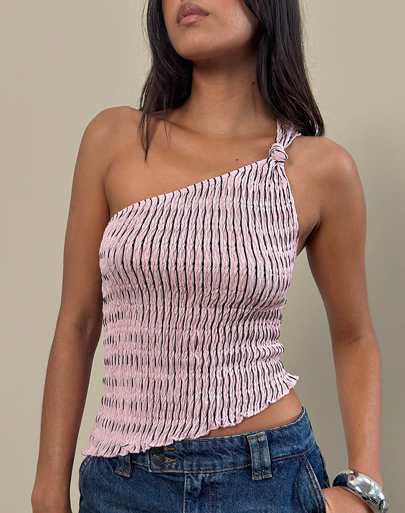 Idari One Shoulder Top in Stripe Textured Mesh Soft Pink