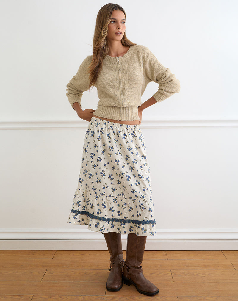 Image of Ilaria Midi Skirt in Ditsy Leaf Rose Navy