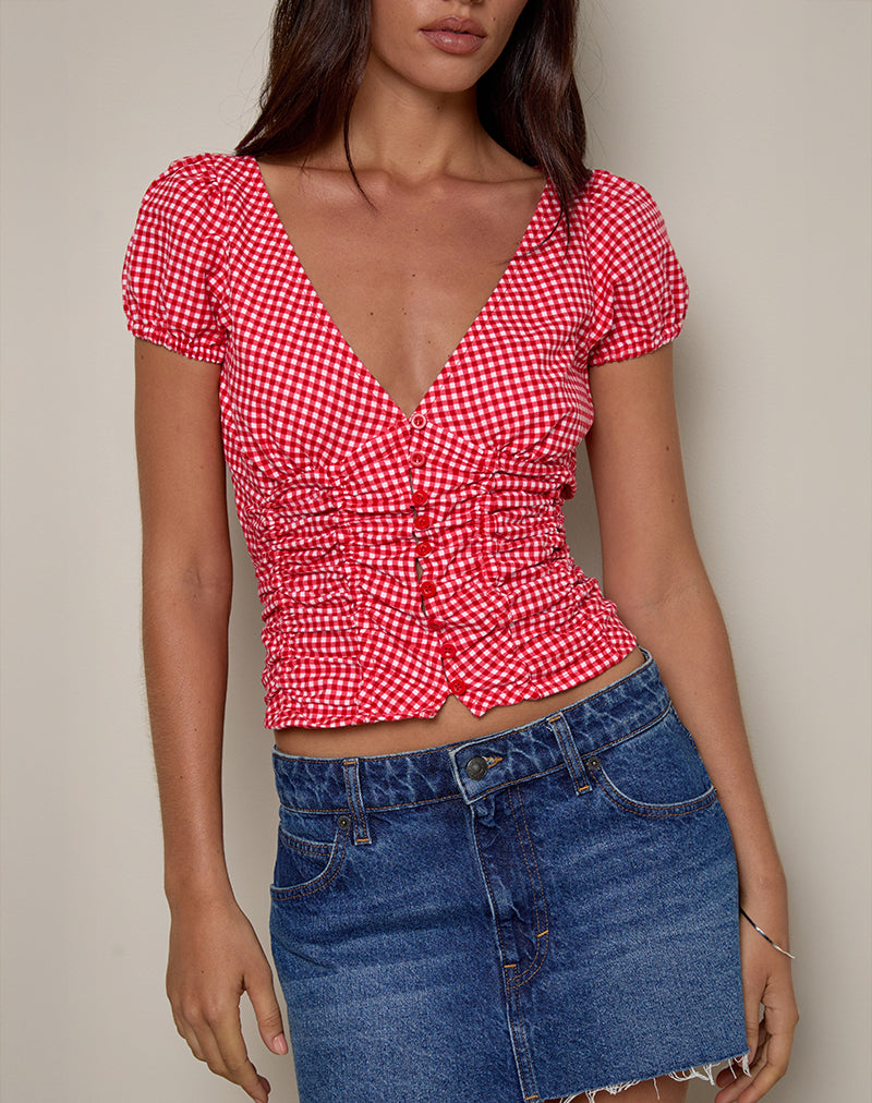 Red Gingham Ruched Blouse | Ilase – motelrocks.com