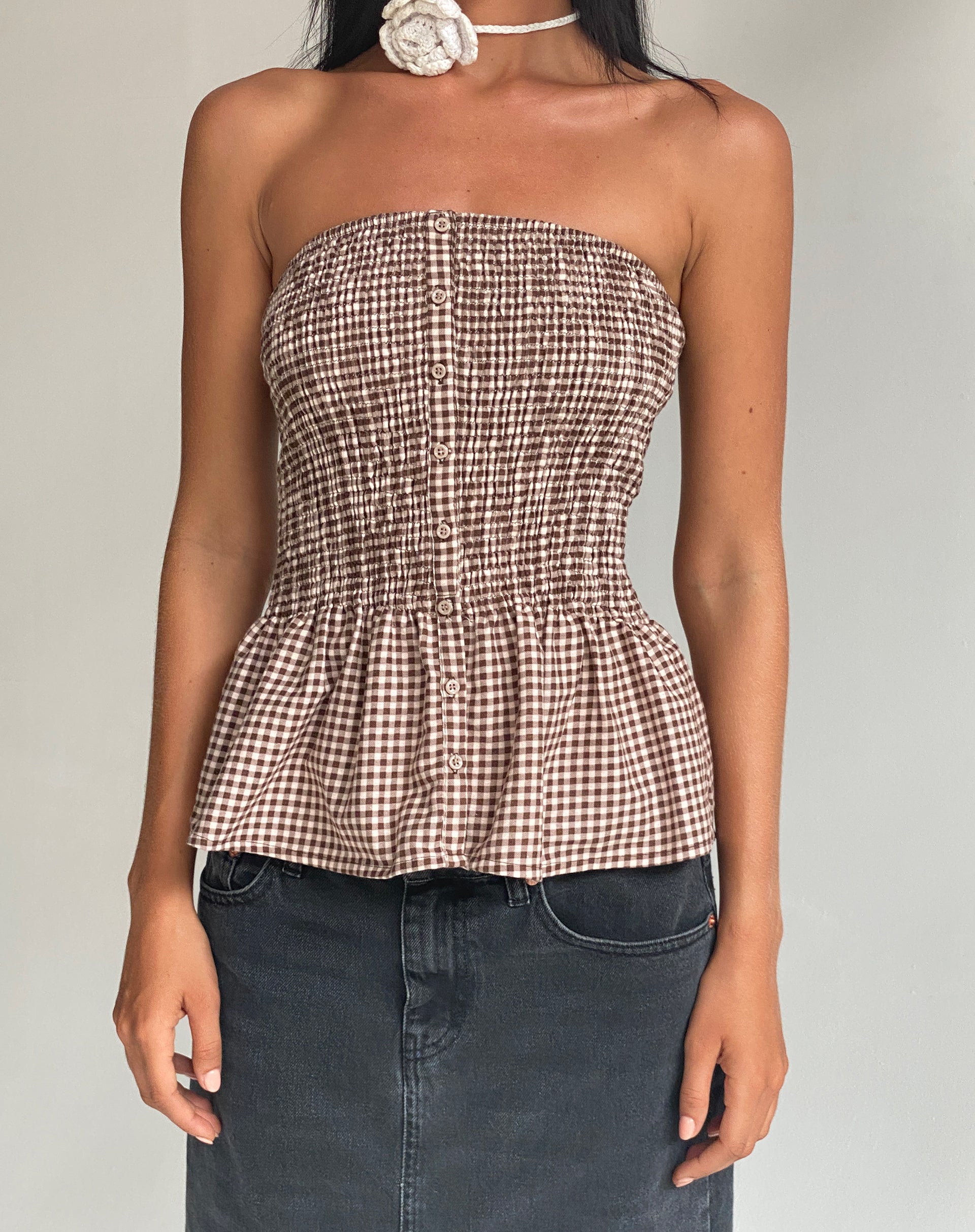 Image of Soter Shirred Bandeau Top in Mini Gingham