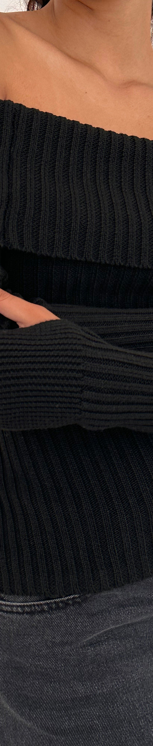 Image of Circe Off-Shoulder Long Sleeve Knit Top in Black