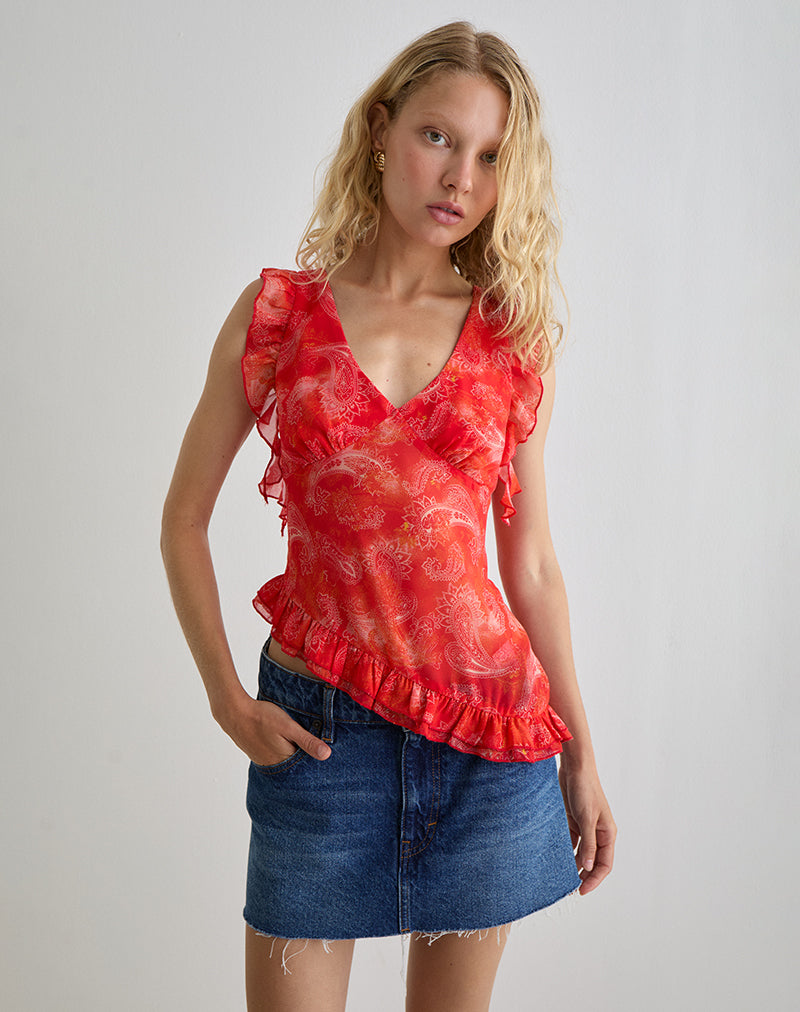 Image of Iravela Asym Top in Paisley Chiffon Red