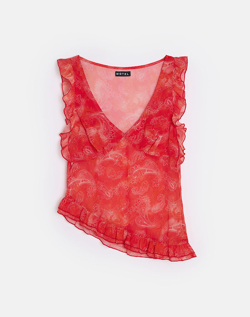 Image of Iravela Asym Top in Paisley Chiffon Red