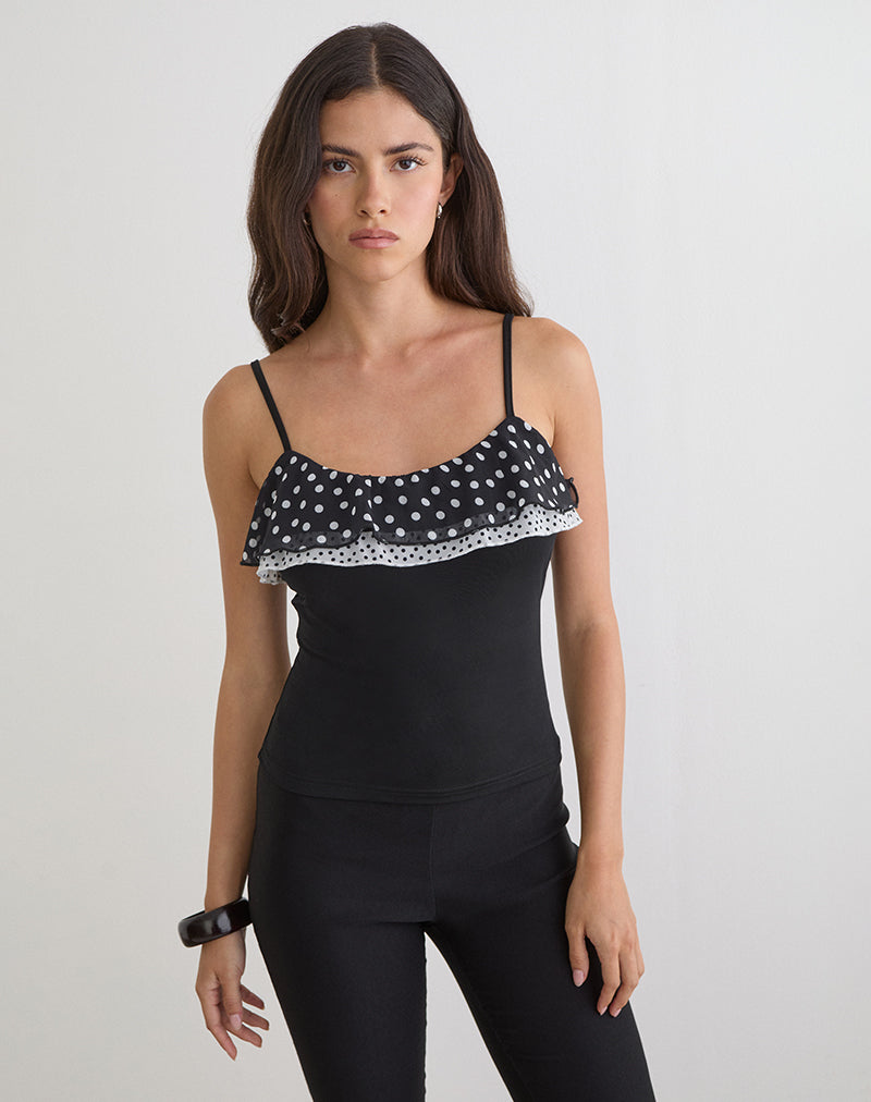 Image of Iridia Top in Cupro Black with Tiny Polka Ruffles